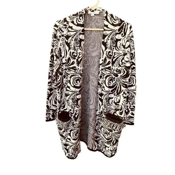 Chico's Sweaters - Chico’s size M abstract floral cardigan fringe pockets.